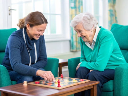 Gemeinsames Brettspiel von Senior und Betreuerin in Süchteln