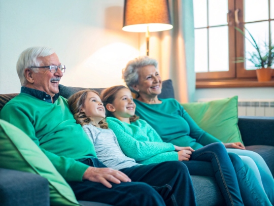 Glückliche Familie entspannt auf dem Sofa, Zuhause in Wassenberg.