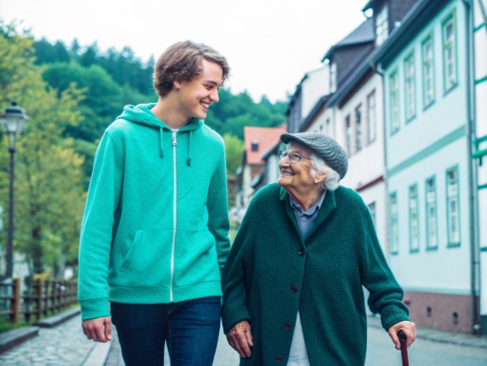 Haushaltshilfe und Senior beim Spaziergang in Hilchenbach
