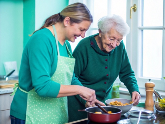 Haushaltshilfe unterstützt Seniorin beim Kochen in Kierspe