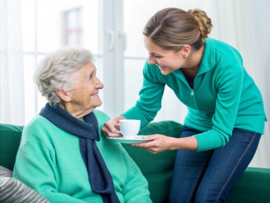 Lächelnde Haushaltshilfe unterstützt Seniorin in Brakel beim Kaffee