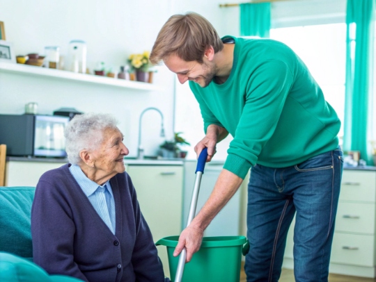 Lächelnde Alltagsfee hilft Seniorin im Haushalt in Langerwehe