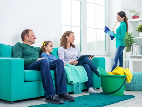Entspannte Familie im sauberen Wohnzimmer dank Haushaltshilfe Niederkrüchten