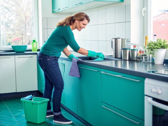 Professionelle Reinigungskraft reinigt Küche in Reken