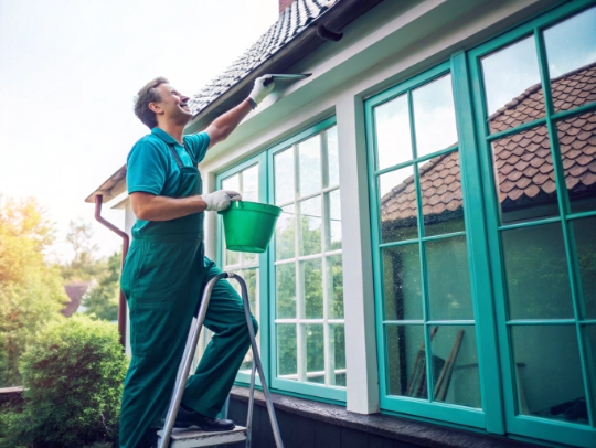 Alltagsfeen Mitarbeiterin beim Fensterputzen in einem Haus in Sassenberg