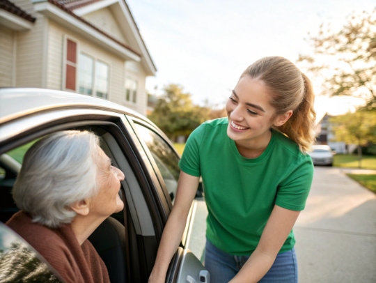 Alltagsfee hilft Senior beim Einsteigen ins Auto im Extertal