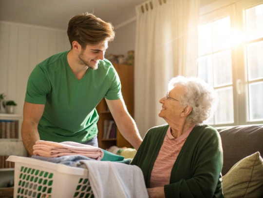 Lächelnde Alltagsfee hilft Seniorin im Haushalt in Recke