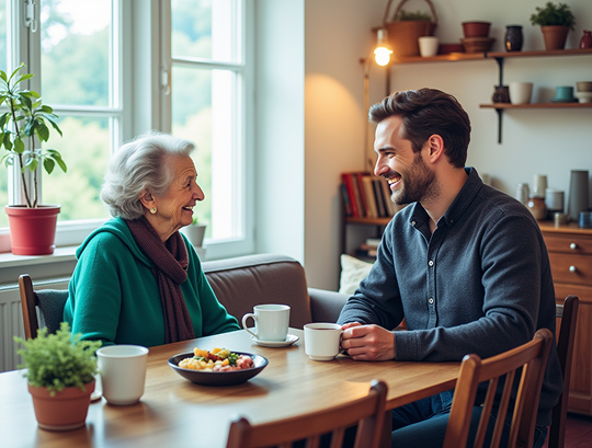 Seniorin in Altena trinkt Tee mit einer freundlichen Alltagshelferin