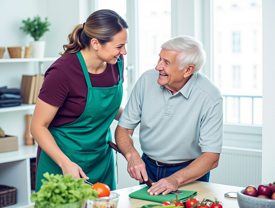 Lächelnde Alltagsfee hilft einer Seniorin in Balve beim Kochen in der Küche