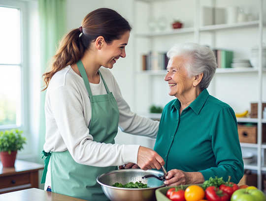 Lächelnde Alltagsfee hilft Seniorin in Borgentreich beim Kochen