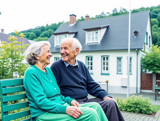 Glückliches Paar entspannt im Garten in Brüggen, während im Hintergrund das Haus sauber ist