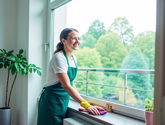 Haushaltshilfe im Extertal reinigt Fenster mit Blick ins Grüne