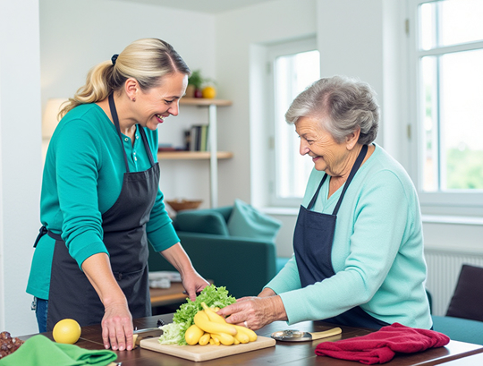 Lächelnde Seniorin in Isselburg mit ihrer Haushaltshilfe in der Küche