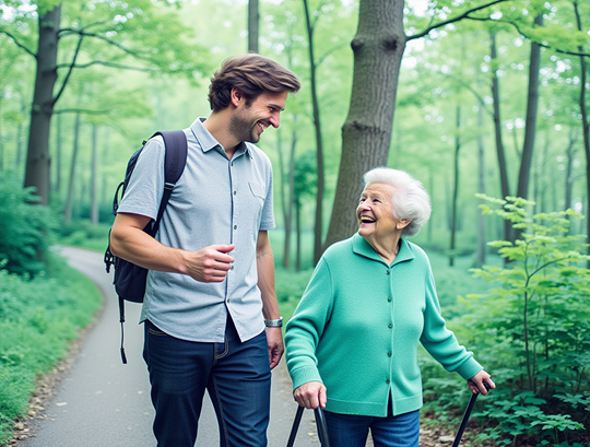 Alltagsfee und Senior beim Spaziergang im Teutoburger Wald bei Lengerich