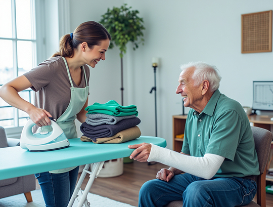 Alltagsfee unterstützt Klienten in Linnich beim Wäschefalten nach Krankenhausaufenthalt