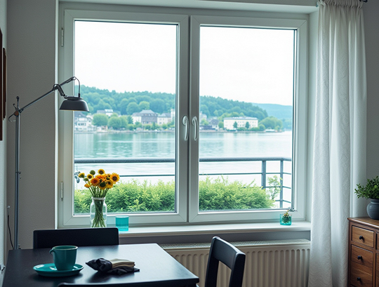 Blick auf den Möhnesee durch ein frisch geputztes Fenster
