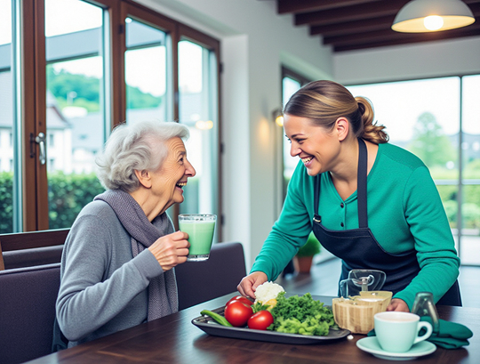 Seniorin und Haushaltshilfe trinken Kaffee in Monschau