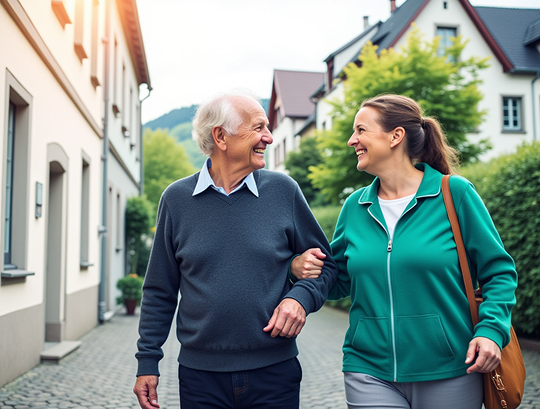Alltagshelferin und Seniorin beim Spaziergang in den Steverauen Olfen