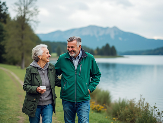 Zufriedener Senior und Haushaltshilfe beim Spaziergang am Biggesee Olpe