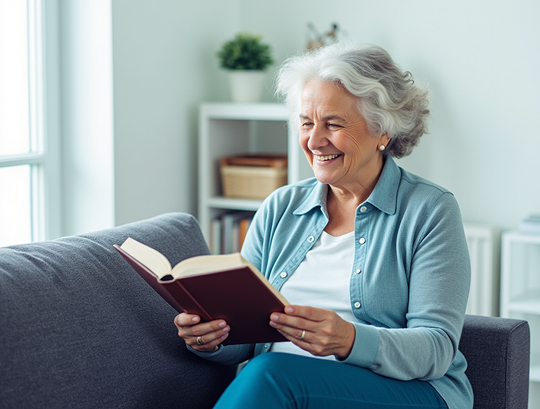 Entspannte Frau liest Buch auf dem Sofa dank Haushaltshilfe in Ostbevern