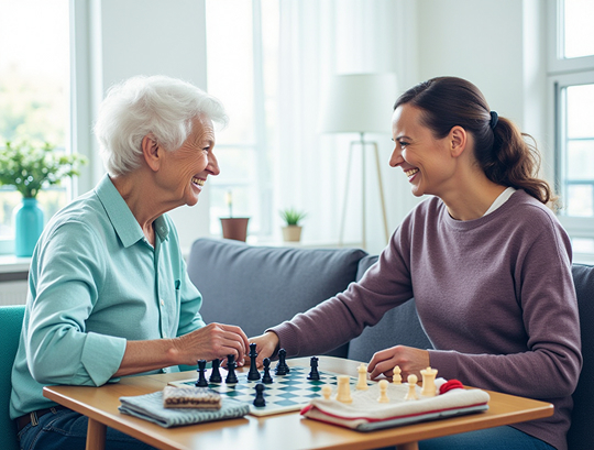 Senior und Alltagsfee beim gemeinsamen Brettspiel in Rosendahl