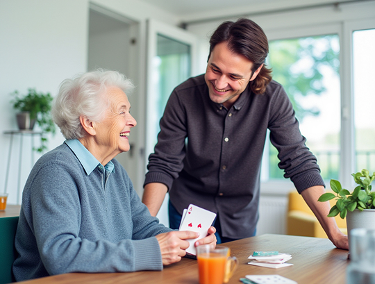 Glückliche Seniorin und Alltagsfee beim Kartenspielen in Steinheim