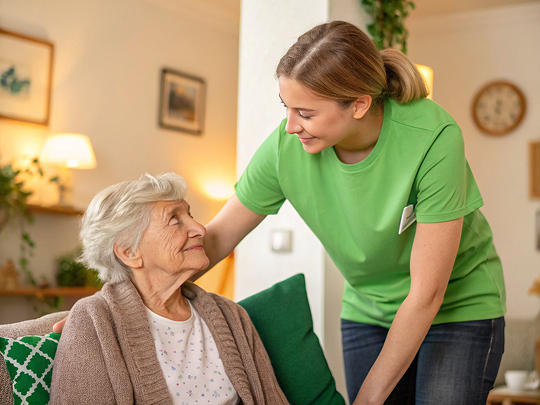 Fröhliche Seniorin mit Haushaltshilfe in Dortmund